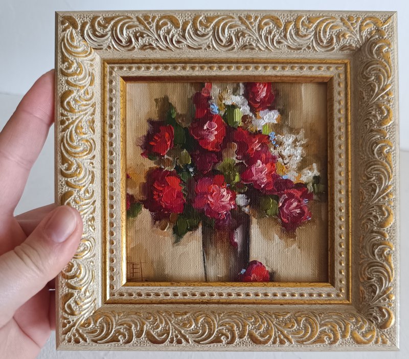 花瓶中的花束 油画 静物 10*10 厘米 - 墙贴/壁贴 - 其他材质 红色