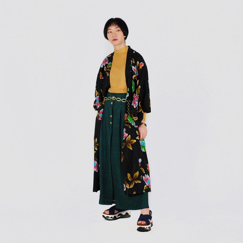 【蛋植物古着】黑夜花景印花古着和服浴衣 - 女装休闲/机能外套 - 棉 黑色