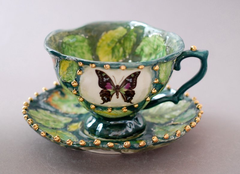 Butterflies Tea coffee Cup Saucer Set Green botanical pottery Golden pea texture - 茶具/茶杯 - 瓷 绿色