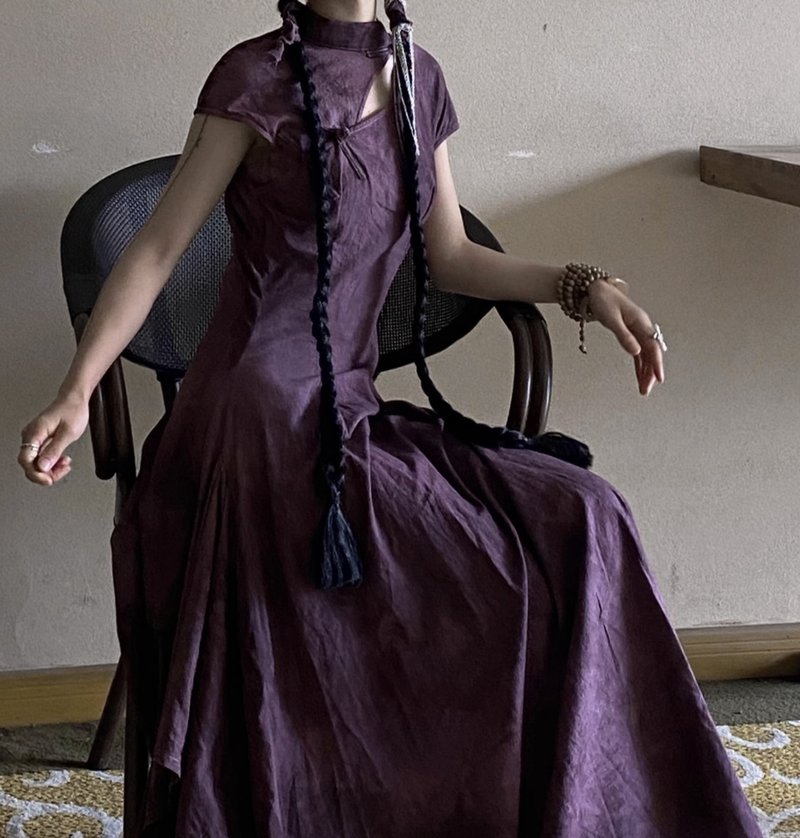 新中式复古 / 镂空连身裙 / 手工扎染 - 洋装/连衣裙 - 其他材质 紫色