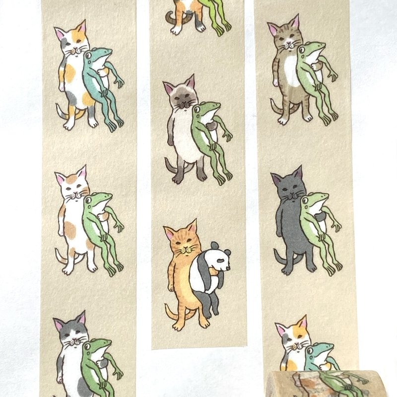 友善猫和青蛙屏蔽胶带/7米 - 纸胶带 - 纸 卡其色