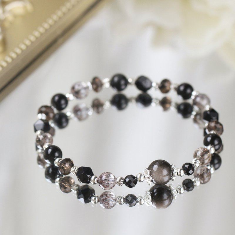 超七 黑曜石 茶晶 黑玛瑙 纯银水晶手链 全方位能量 招财健康避邪 - 手链/手环 - 水晶 黑色