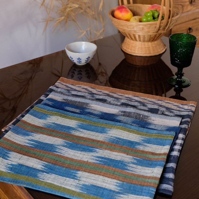 手织麻布餐垫 织布机织造 复古手工清新简约隔热刺绣餐垫杯垫茶席 - 餐垫/桌巾 - 棉．麻 蓝色