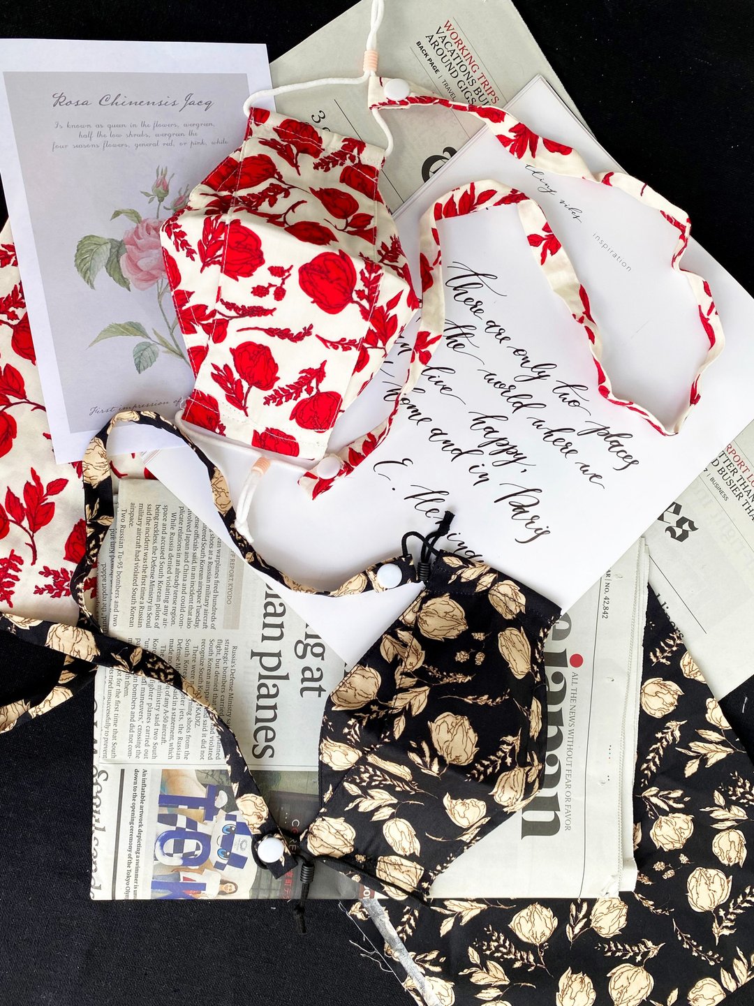 Rose facemask with removable strap - handmade 4 layers 100% double yarn cotton - 口罩 - 棉 红色