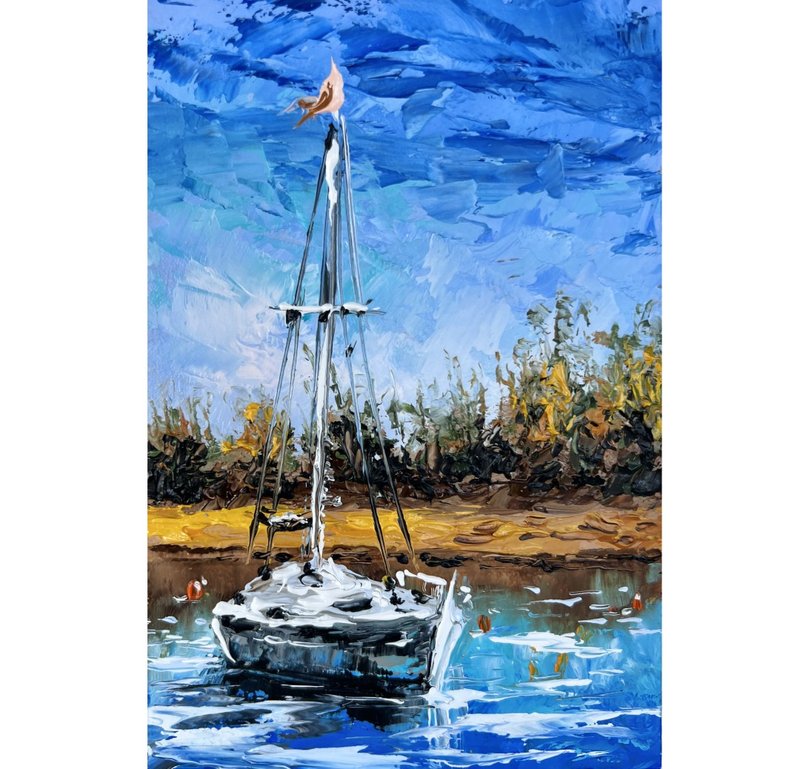 Sailboat Painting Seascape Original Art 15x10cm/ 6x4 inch by Oksana Stepanova - 海报/装饰画/版画 - 其他材质 多色