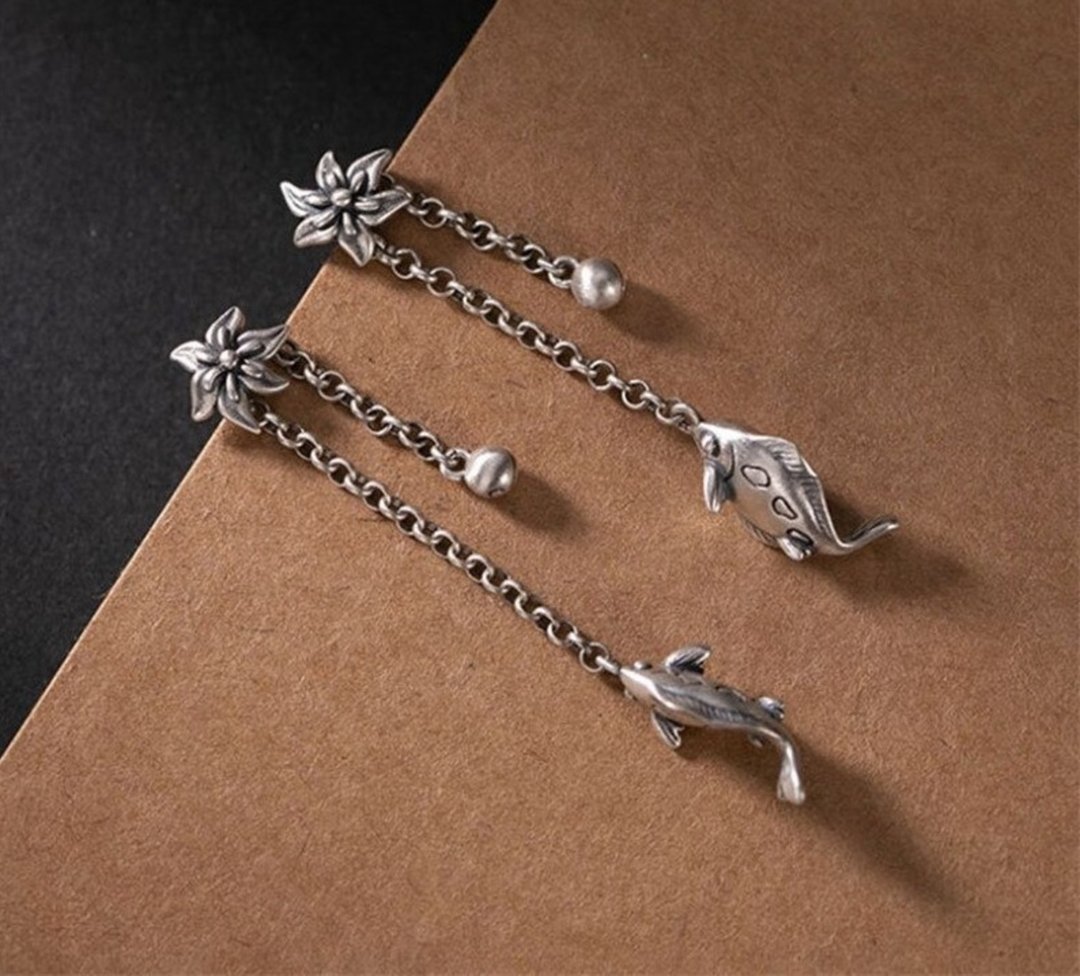 Handmade Thai Silver Fishes Earrings for Girls Students Real 925 Silver Flowers - 耳环/耳夹 - 纯银 银色