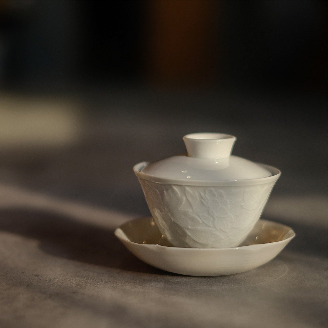【日本古美术】薄胎叶纹 白瓷盖碗 - 茶具/茶杯 - 瓷 
