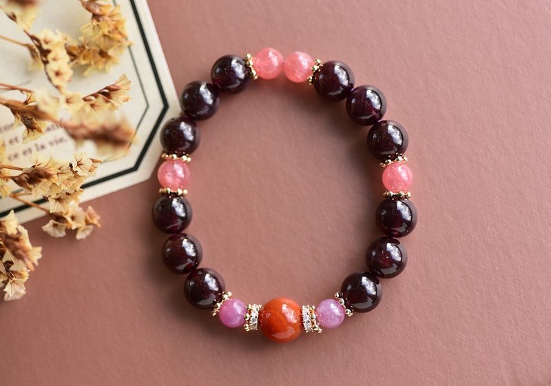 石榴石+菱锰矿+红宝石+南红玛瑙镀金缀钻水晶手链 - 手链/手环 - 水晶 红色