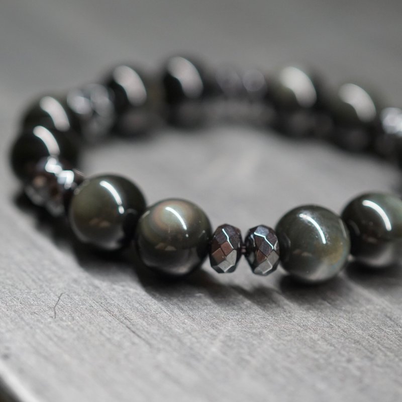 双面光 黑曜石 赤铁矿 水晶手链 男生礼物 圣诞礼物 原创水晶设计 - 手链/手环 - 水晶 黑色