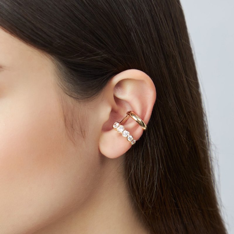 双环宝石耳扣 925银厚镀18K金 Reinforce D Earcuff - 耳环/耳夹 - 珍珠 金色