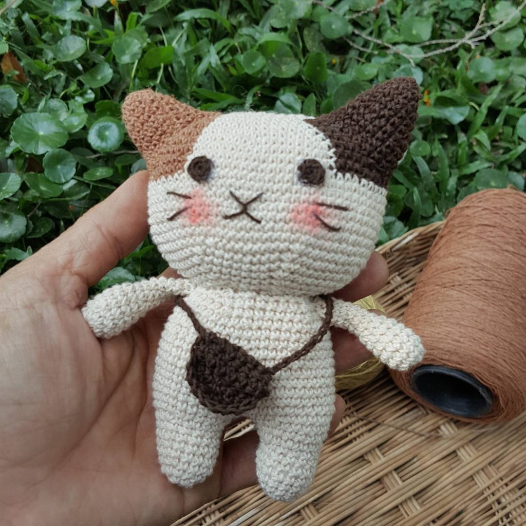 Natural Dyed Cotton Crochet Doll, Kitty Cat, Off White-Brown - 玩偶/公仔 - 棉 咖啡色