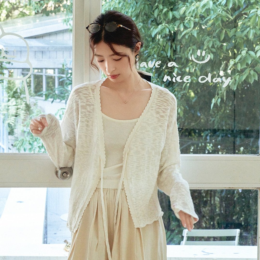 白色系带针织开衫|针织衫|夏秋款|Sora-1571 - 女装针织衫/毛衣 - 棉．麻 白色