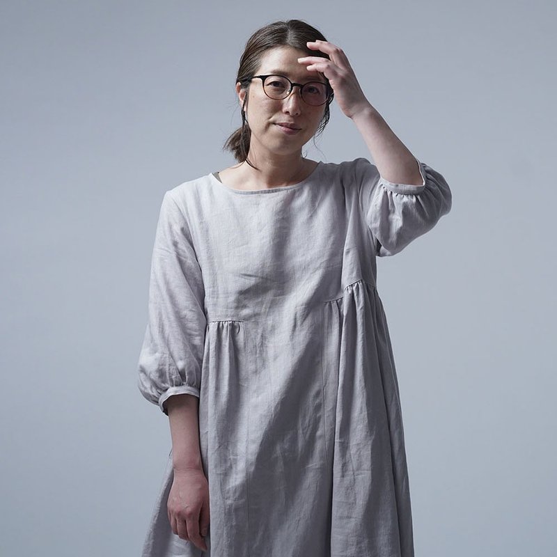 wafu Linen Dress Side Gather Dress / Haizakura a057b-hzk1 - 洋装/连衣裙 - 棉 灰色