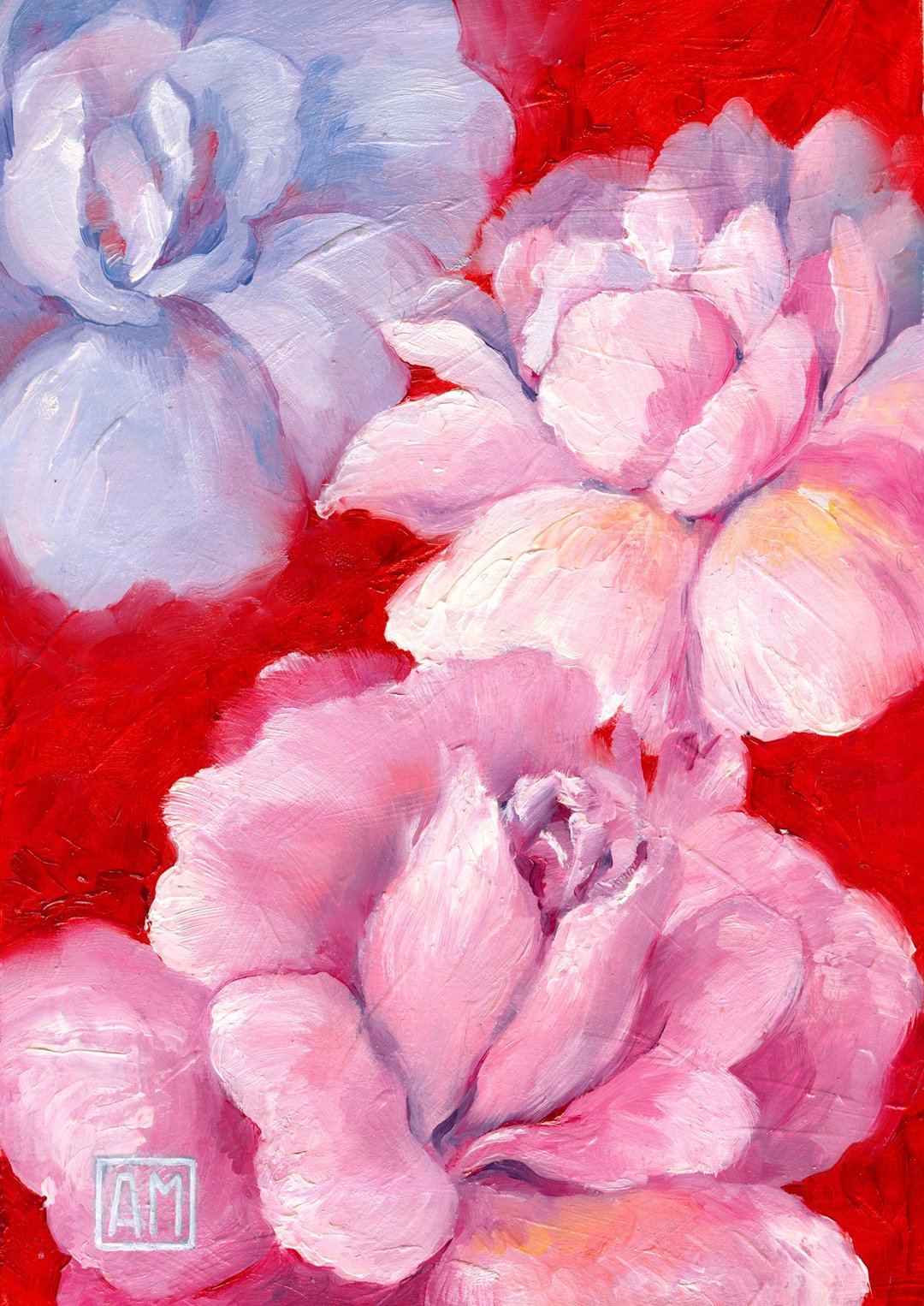 Small original artwork Peonies flowers on a red hand painted oil painting - 墙贴/壁贴 - 其他材质 