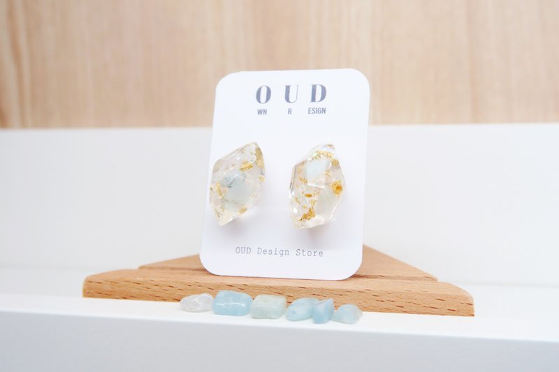 OUD原创.天然石系列.勇敢聪慧.海蓝宝.14K包金矿石形状耳环/耳夹 - 耳环/耳夹 - 水晶 蓝色