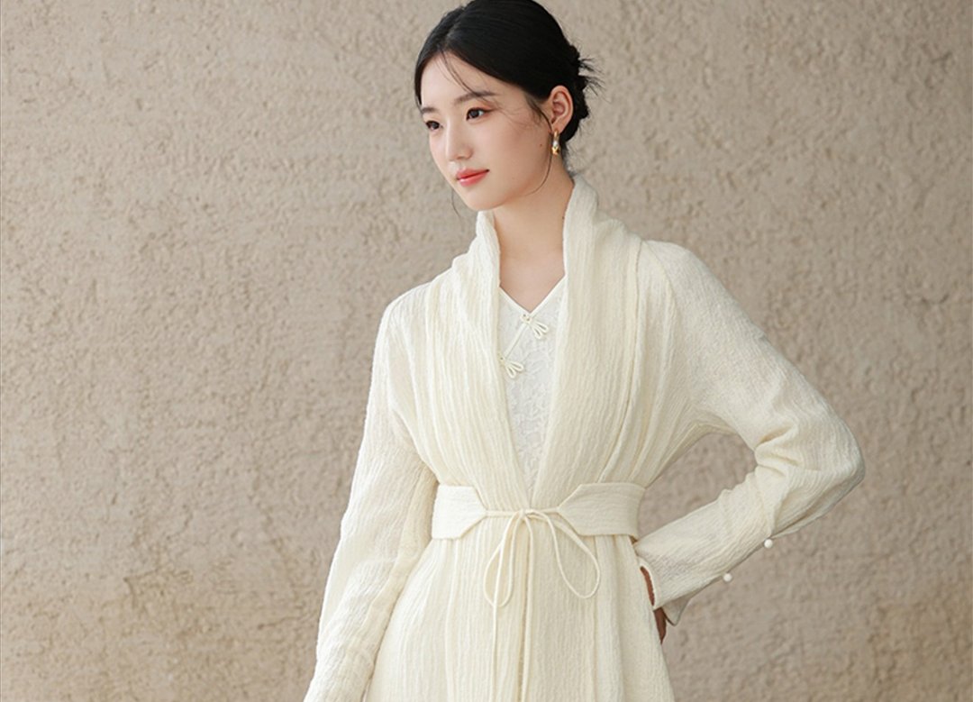 新中式中国风 禅意茶服褶皱肌理长款羊毛外套 - 女装上衣 - 羊毛 白色