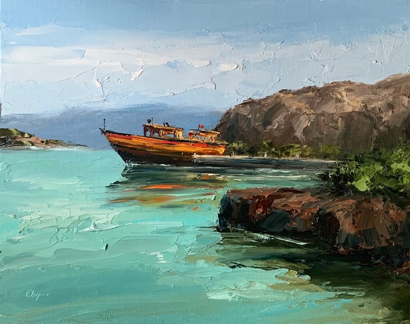 Original Seascape Oil Painting On Canvas Boat Landscape Blue Textured Impasto - 墙贴/壁贴 - 棉．麻 多色