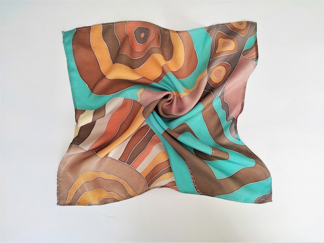 Small square silk neck scarf Hand painted silk scarf brown with turquoise - 丝巾 - 丝．绢 咖啡色