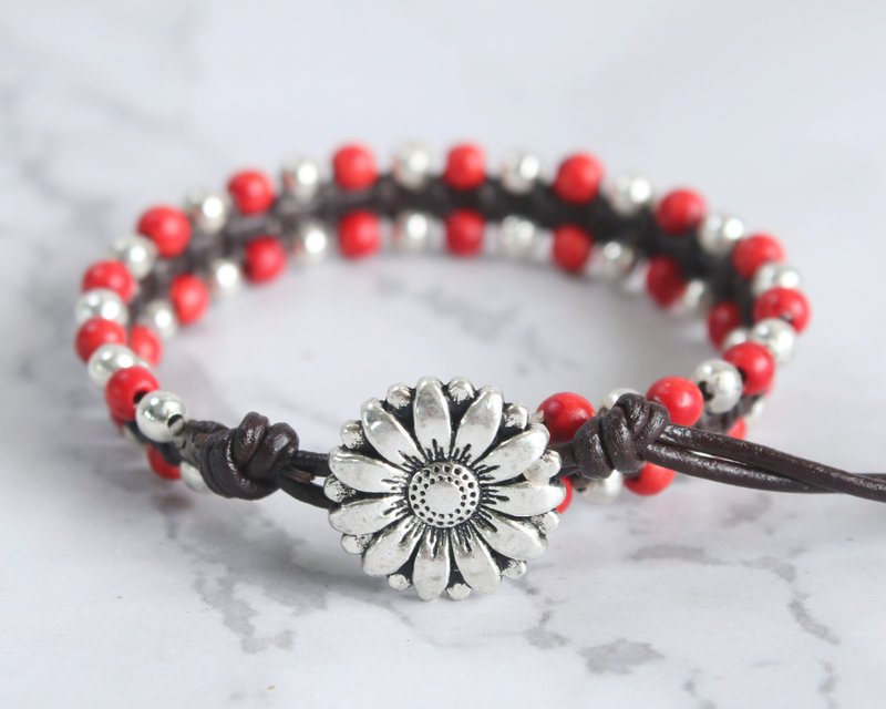 Beautiful Red Coral Leather Daisy Flower Bracelets For Women Best Friends Gift - 手链/手环 - 真皮 红色