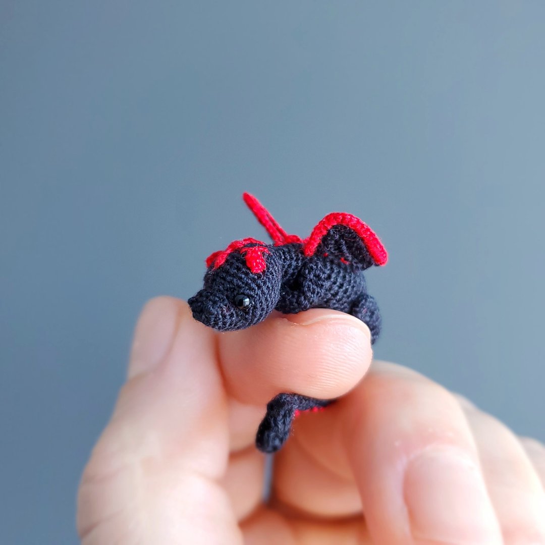 微型黑龙宝宝。微型玩具屋。 Amigurumi 毛绒动物玩具 - 玩偶/公仔 - 棉 黑色