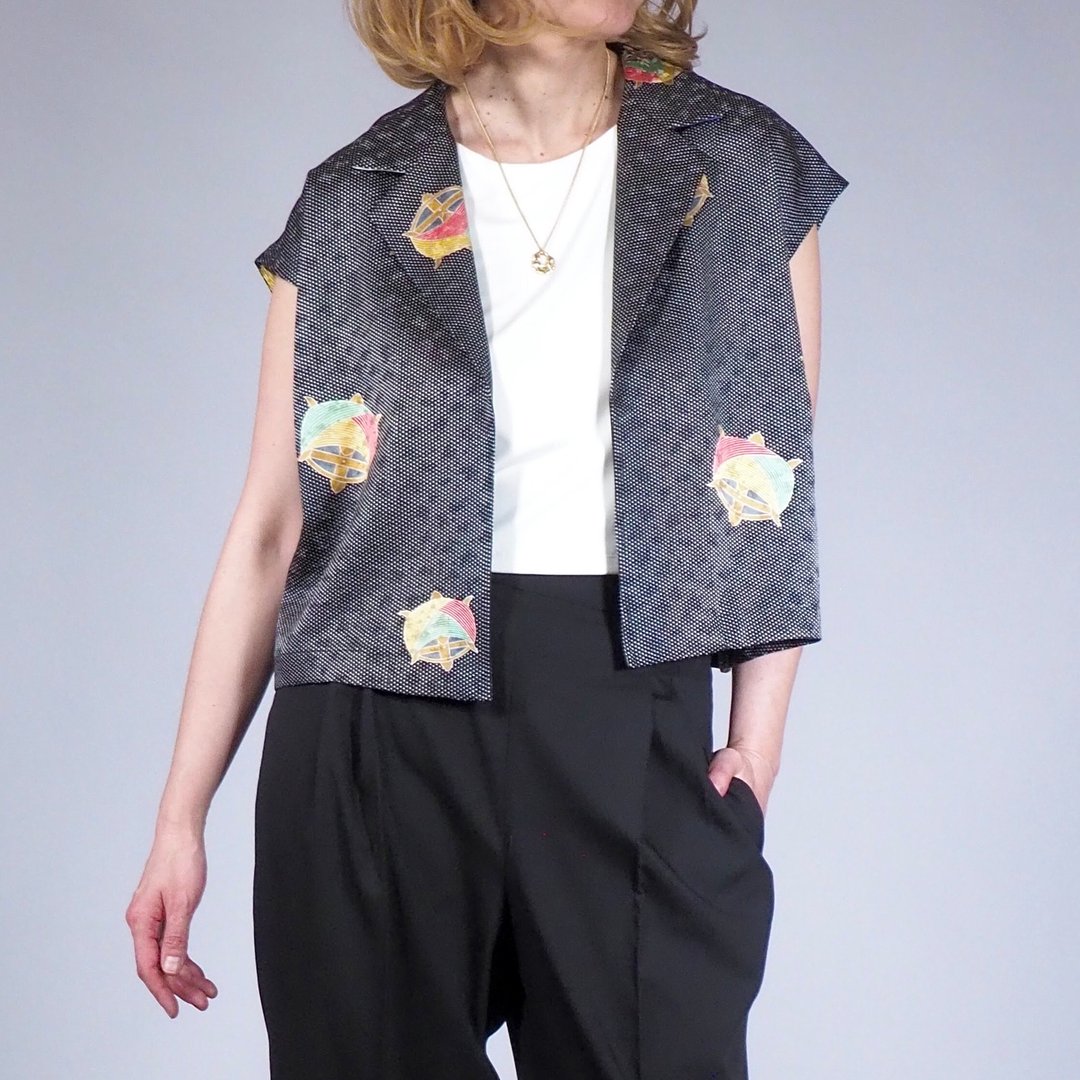 【日本制造】日本复古和服翻版、短上衣女式 M-L、柔软丝绸 - 女装休闲/机能外套 - 丝．绢 黑色