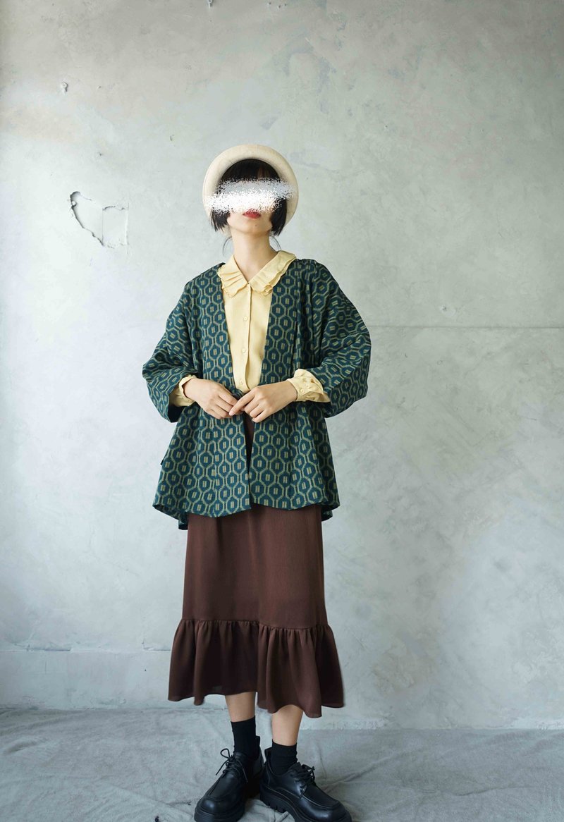 寻宝古着-日本传统图纹湖水绿龟甲纹交叉绑带和服罩衫 - 女装休闲/机能外套 - 羊毛 绿色
