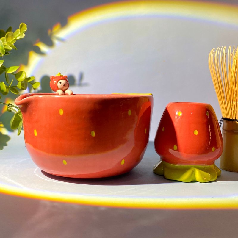 可爱的手工陶瓷茶碗抹茶碗套装 - 咖啡杯/马克杯 - 陶 红色