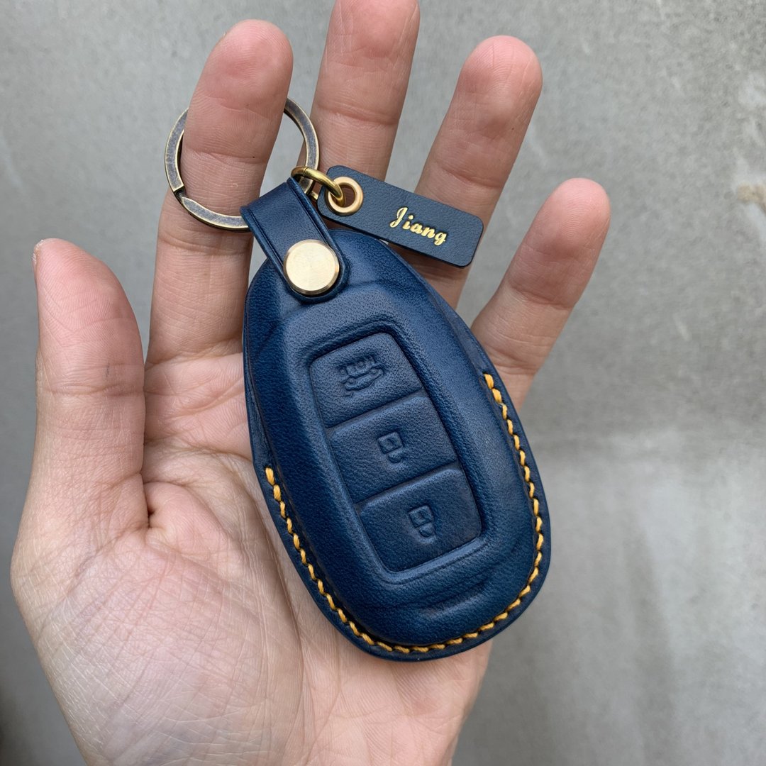 Hyundai 现代 钥匙皮套 Kona Venue Santa Tucson Elantra 钥匙套 - 钥匙链/钥匙包 - 真皮 蓝色