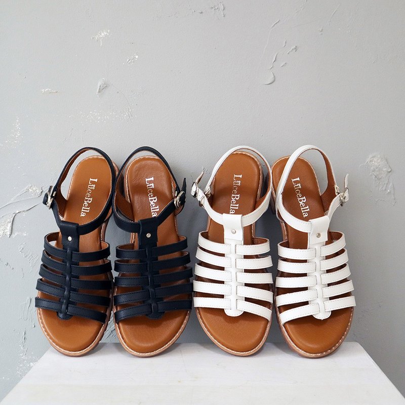 夏日编织【五线谱】全真皮鱼骨罗马凉鞋-黑色 - 男女凉鞋 - 真皮 黑色