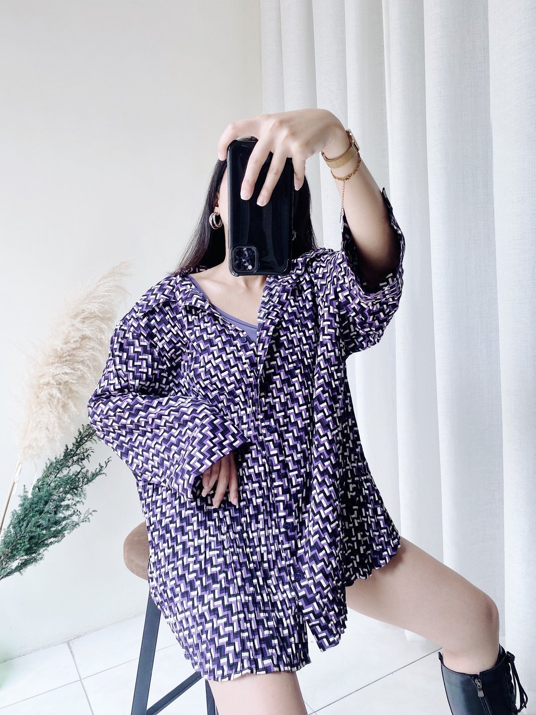 黑紫白几何错视格纹细压纹 古着纺纱衬衫上衣 vintage Shirt - 女装衬衫 - 聚酯纤维 紫色