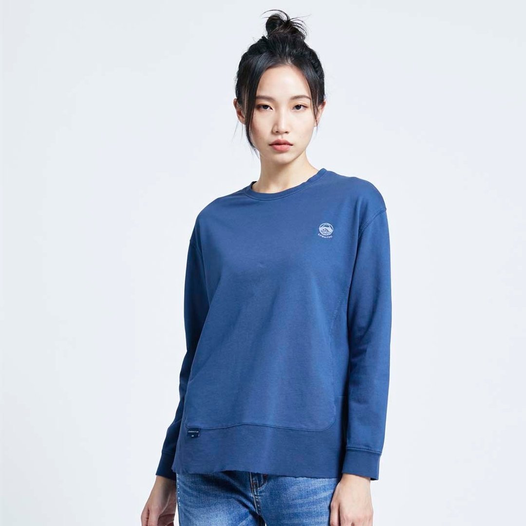 江户胜 日系 女装 下摆剪接长袖T恤(灰蓝色) #上衣#长袖 - 女装上衣 - 棉 蓝色