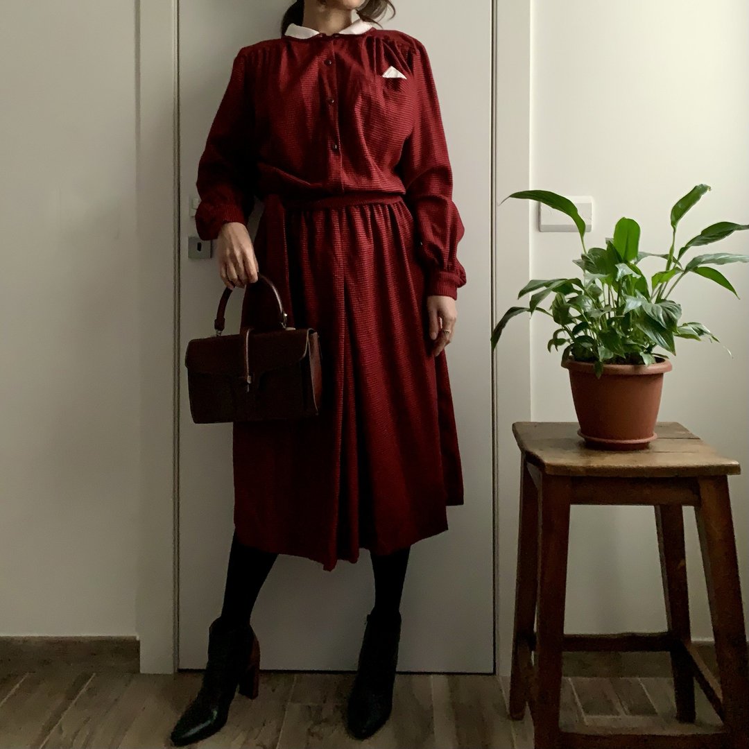 80年代 欧洲古着 意大利制羊毛红色千鸟格子洋装 - 洋装/连衣裙 - 羊毛 红色