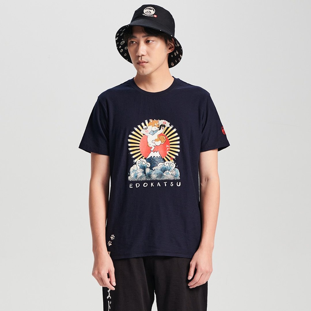 江户胜 日系 男装 胜太郎系列 太郎富士山短袖T恤(丈青色) #上衣 - 男装上衣/T 恤 - 棉 蓝色