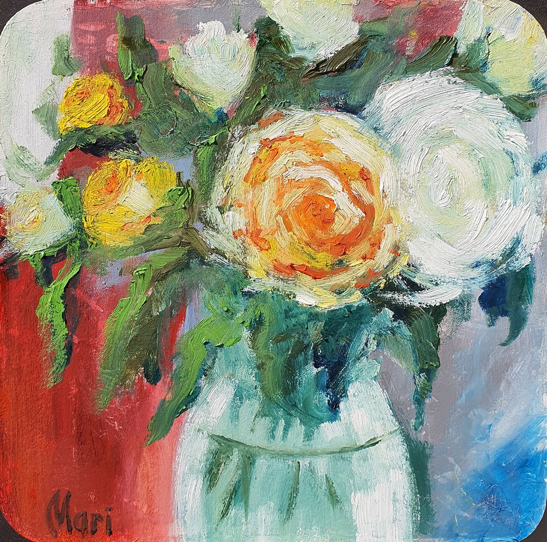 Roses Painting Bouquet Vase Wall Art White Orange Flowers Original Art Floral - 海报/装饰画/版画 - 其他材质 红色