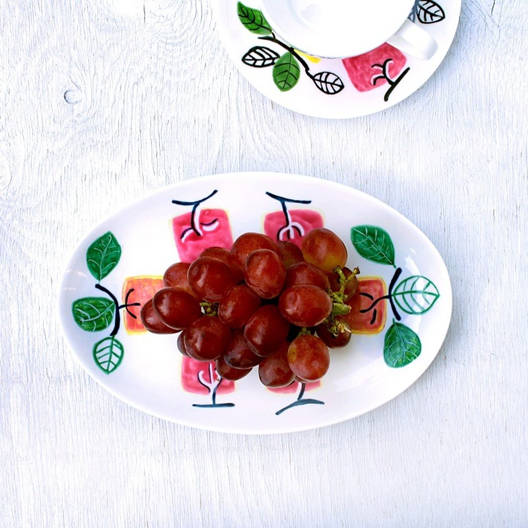 Rose pink persimmon pattern oval plate - 浅碟/小碟子 - 瓷 粉红色