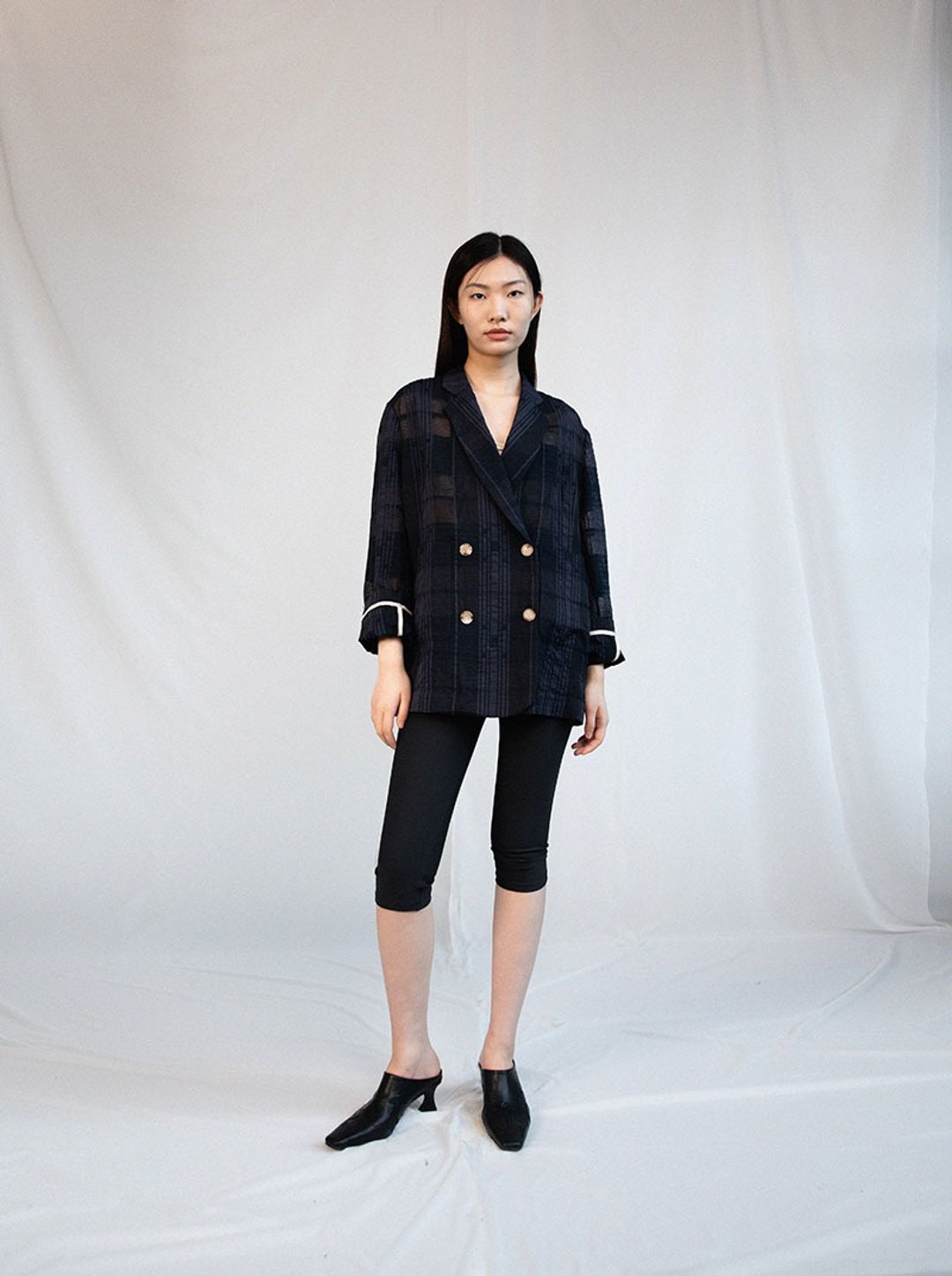 格纹透肤西装外套/ 深蓝 - 女装西装外套/风衣 - 其他人造纤维 蓝色