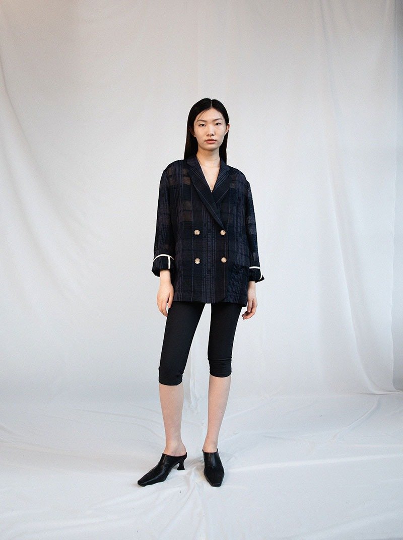 格纹透肤西装外套/ 深蓝 - 女装西装外套/风衣 - 其他人造纤维 蓝色