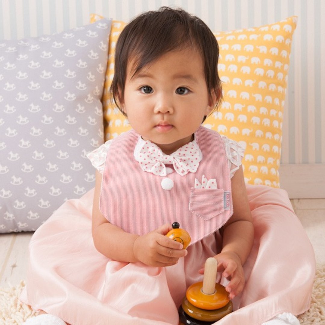 bib-bab Baby Bib Formal Type Red (Polka dot Pink Ribbon) - 围嘴/口水巾 - 棉 红色