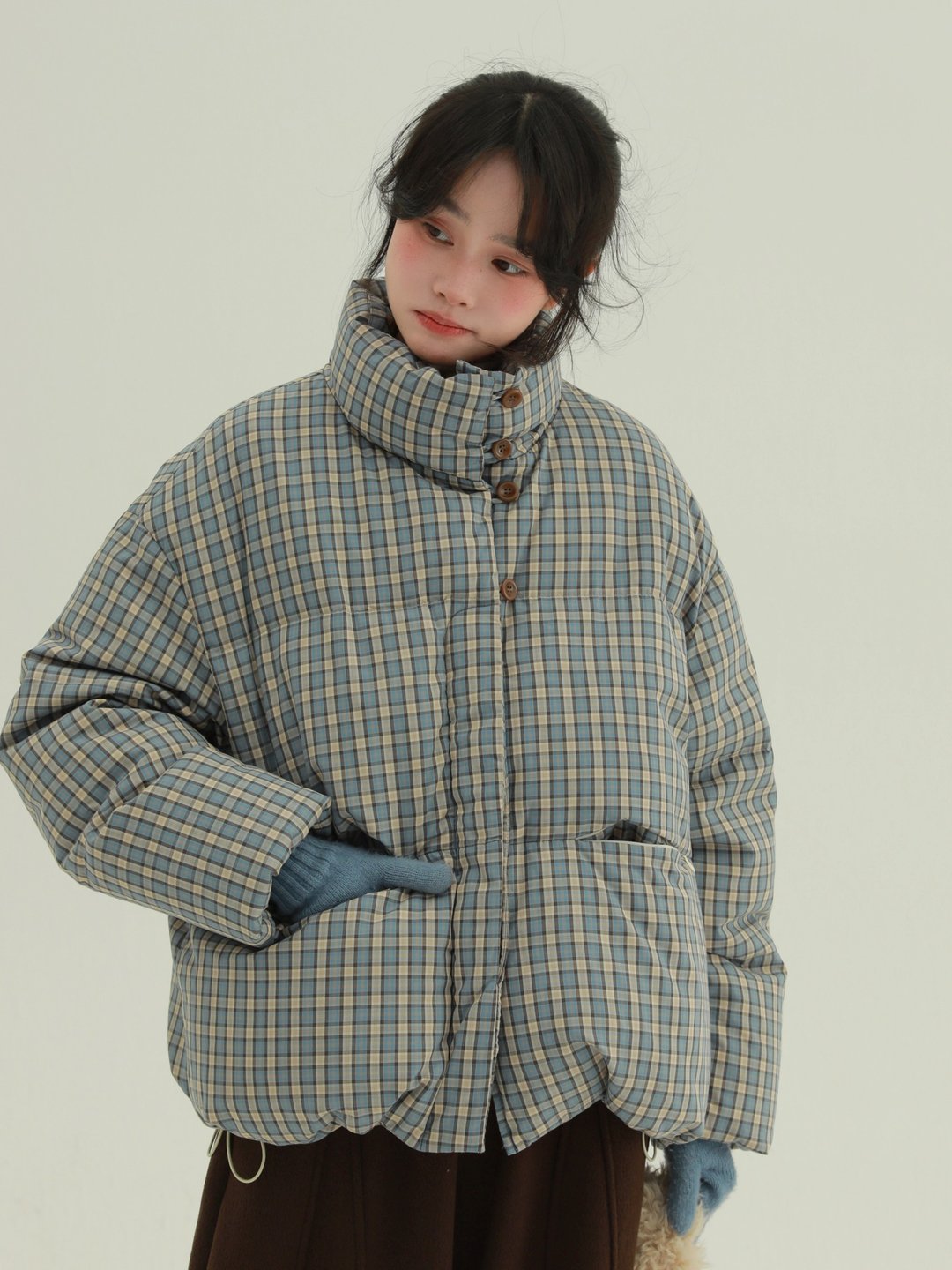 藍色格紋 松果格絨 休閒格子羽絨服 復古格紋立領短款保暖外套 - 女装休闲/机能外套 - 其他人造纤维 蓝色