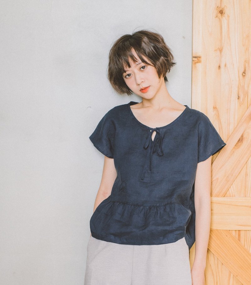 藏蓝绑带上衣 - 亚麻 - 女装上衣 - 棉．麻 蓝色
