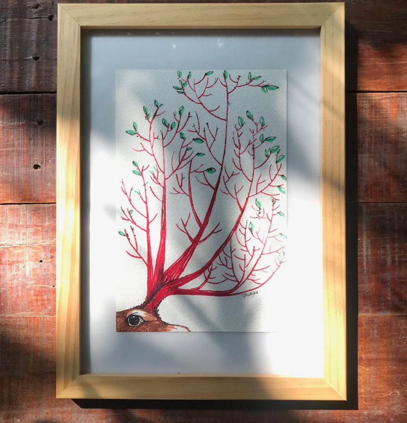 守护灵 /手绘 作品 装饰 惊喜 发芽 木框 角落生物 鹿角枝 智慧 - 海报/装饰画/版画 - 纸 红色