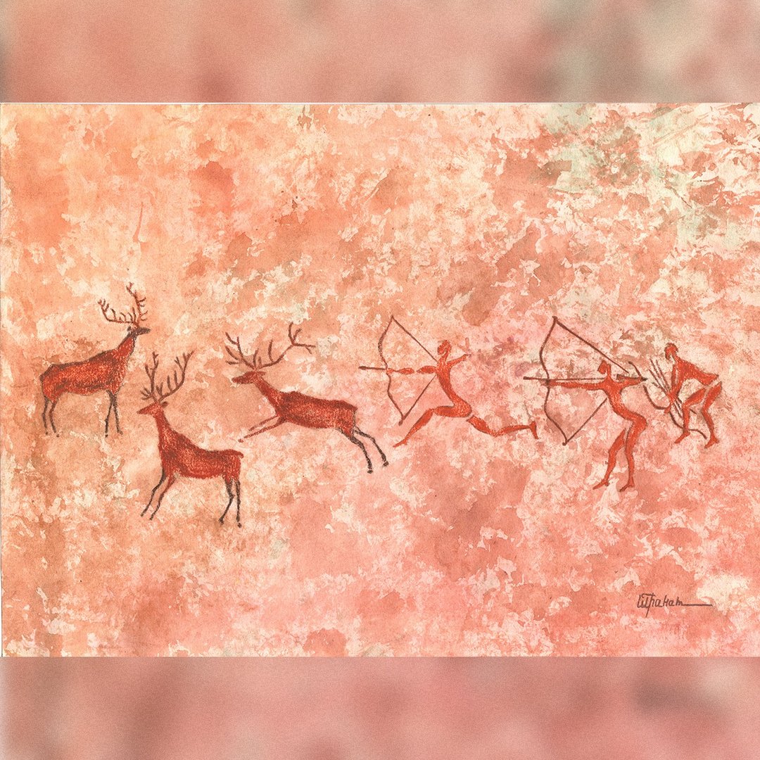 鹿狩猎绘画室内史前艺术水彩画结束粉彩画 - 海报/装饰画/版画 - 纸 红色