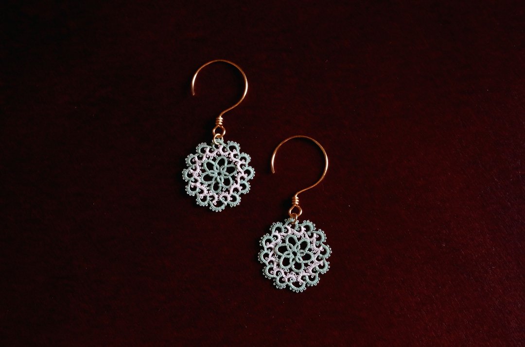 Tatting earrings ・Mint green - 耳环/耳夹 - 棉 绿色