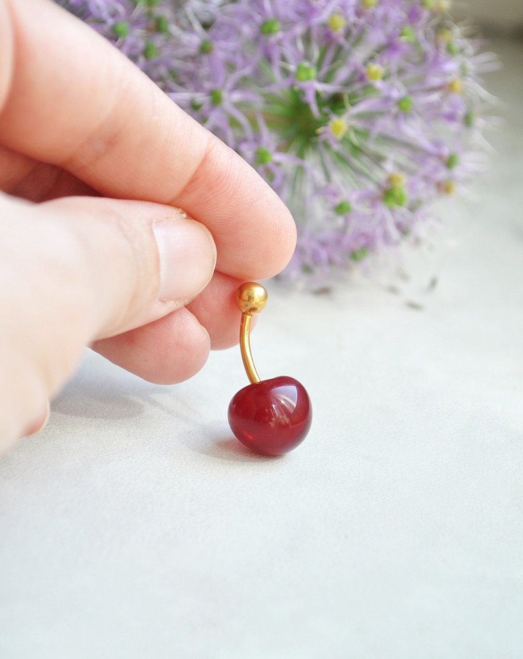 Cherry belly button ring Snug piercing jewelry Navel curved barbell - 其他 - 玻璃 红色