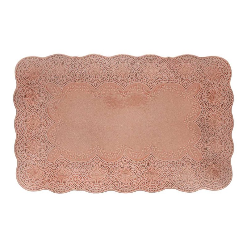 意大利VBC casa-手工浮雕蕾丝系列40cm大长方盘(粉红色) - 盘子/餐盘/盘架 - 陶 粉红色
