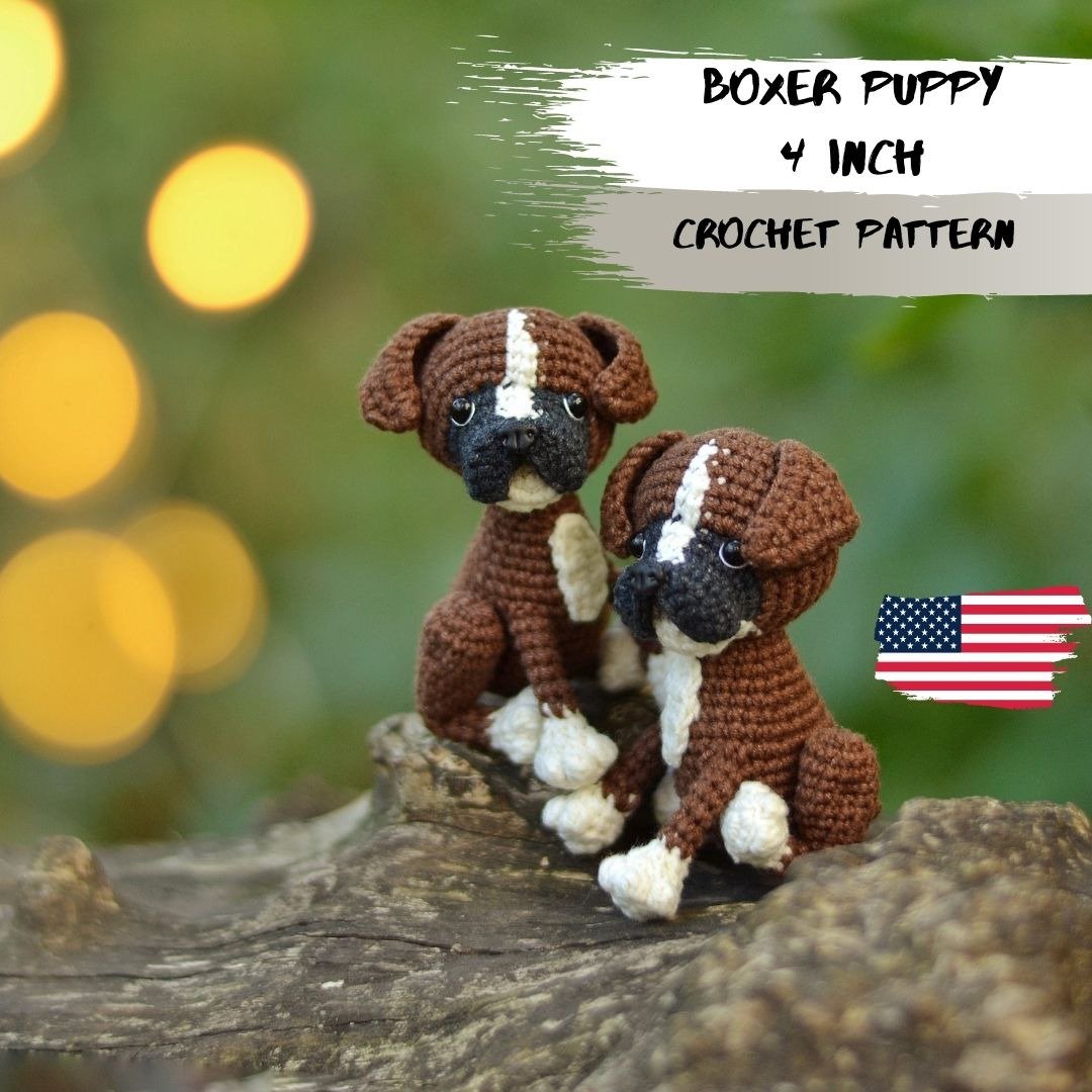 DIGITAL DOWNLOAD PDF: mini boxer puppy CROCHET PATTERN, amigurumi dog pattern - 编织/刺绣/羊毛毡/裁缝 - 绣线 咖啡色
