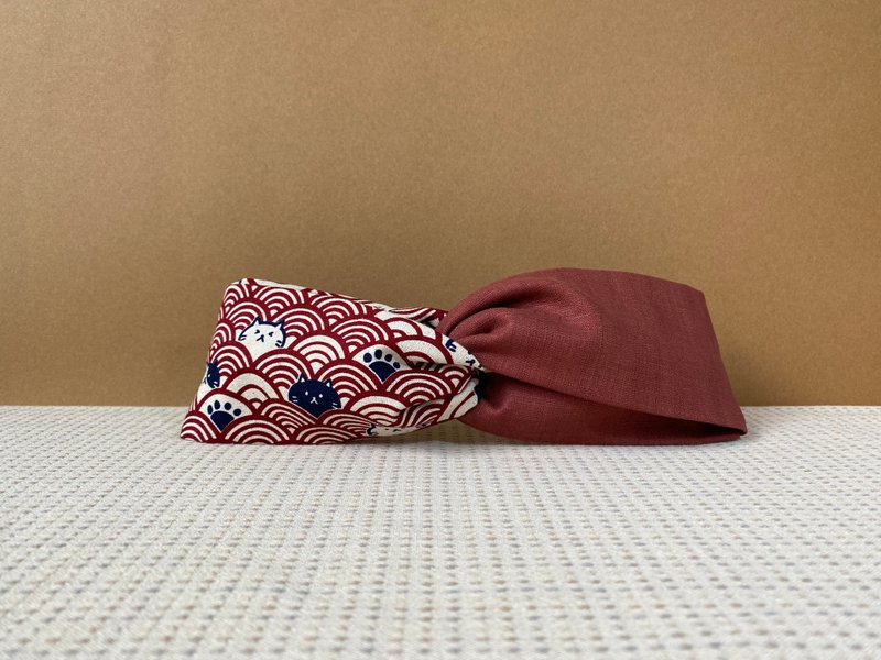 双拼发带 / 红波浪喵喵 - 葡萄红 - 发带/发箍 - 棉．麻 红色