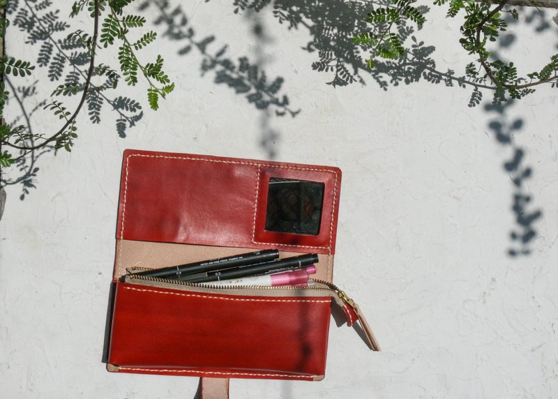 不撞包植鞣革全真皮万用盒内含镜子铅笔盒化妆盒钞票盒 - 化妆包/杂物包 - 真皮 红色