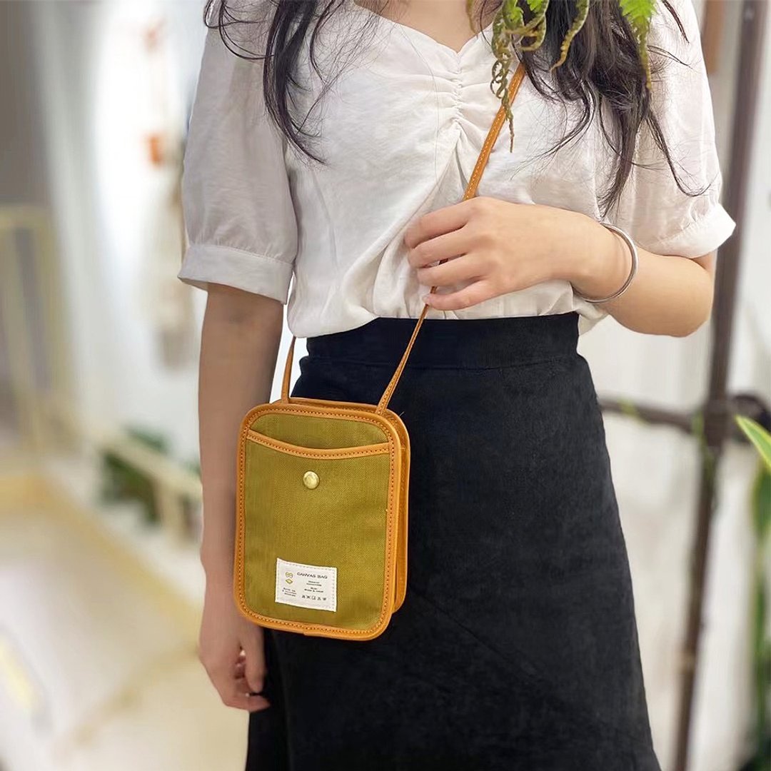 简约日系休闲帆布包 斜挎小方包 森系文艺单肩包 女生便携手机包 - 手提包/手提袋 - 棉 绿色