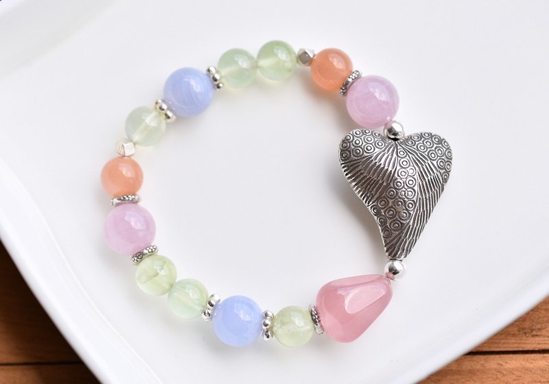 葡萄石+粉晶+蓝纹玛瑙+橘月光石纯银爱心手链 - 手链/手环 - 水晶 多色